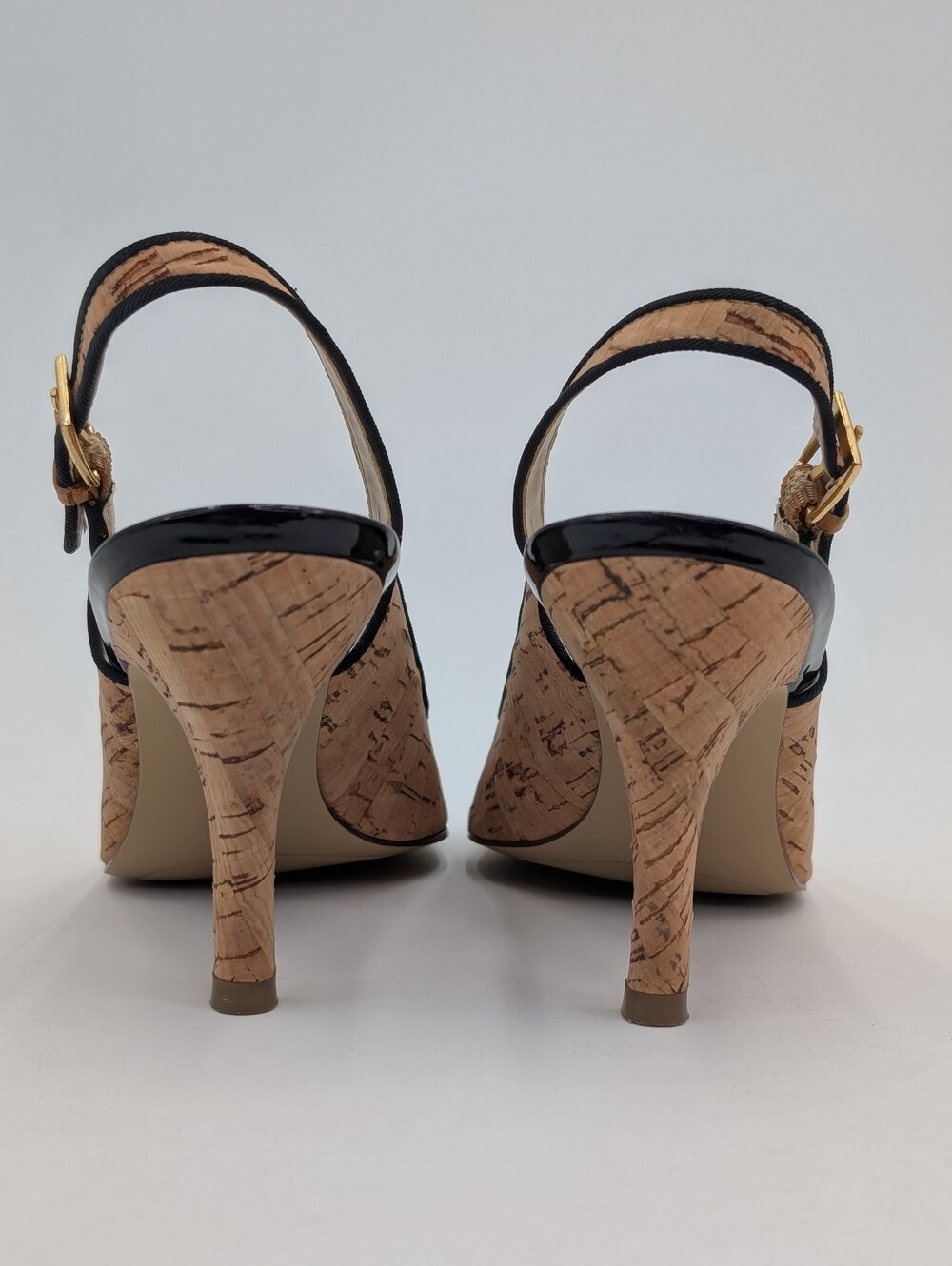 Bandolino Bardeco Size 8.5 Natural Cork Black Trim Gold Buckle Peep-Toe Stiletto - Picture 12 of 17